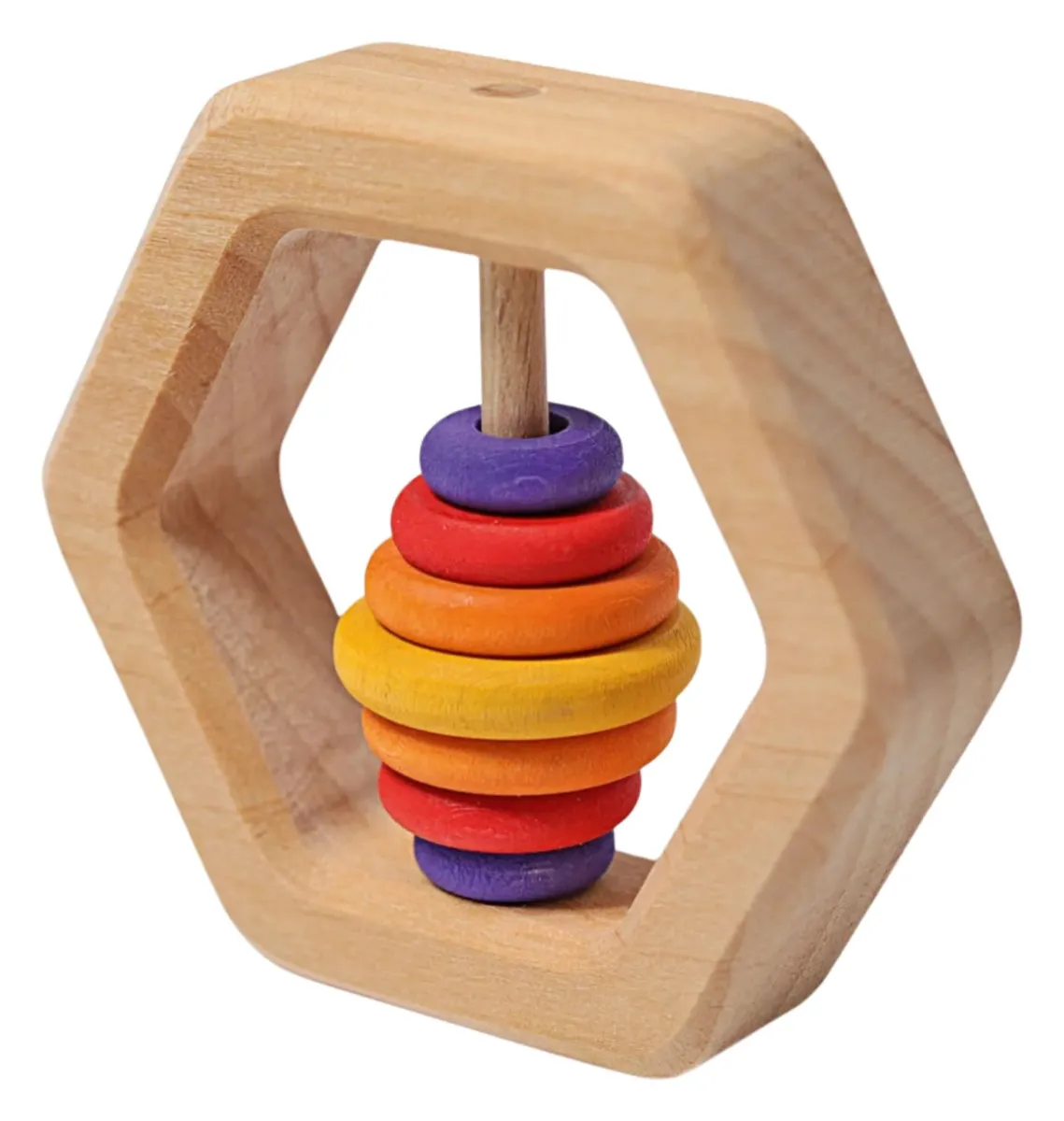 Grimm's Wooden Hexagon Rattle (Red, Yellow, Purple Discs)