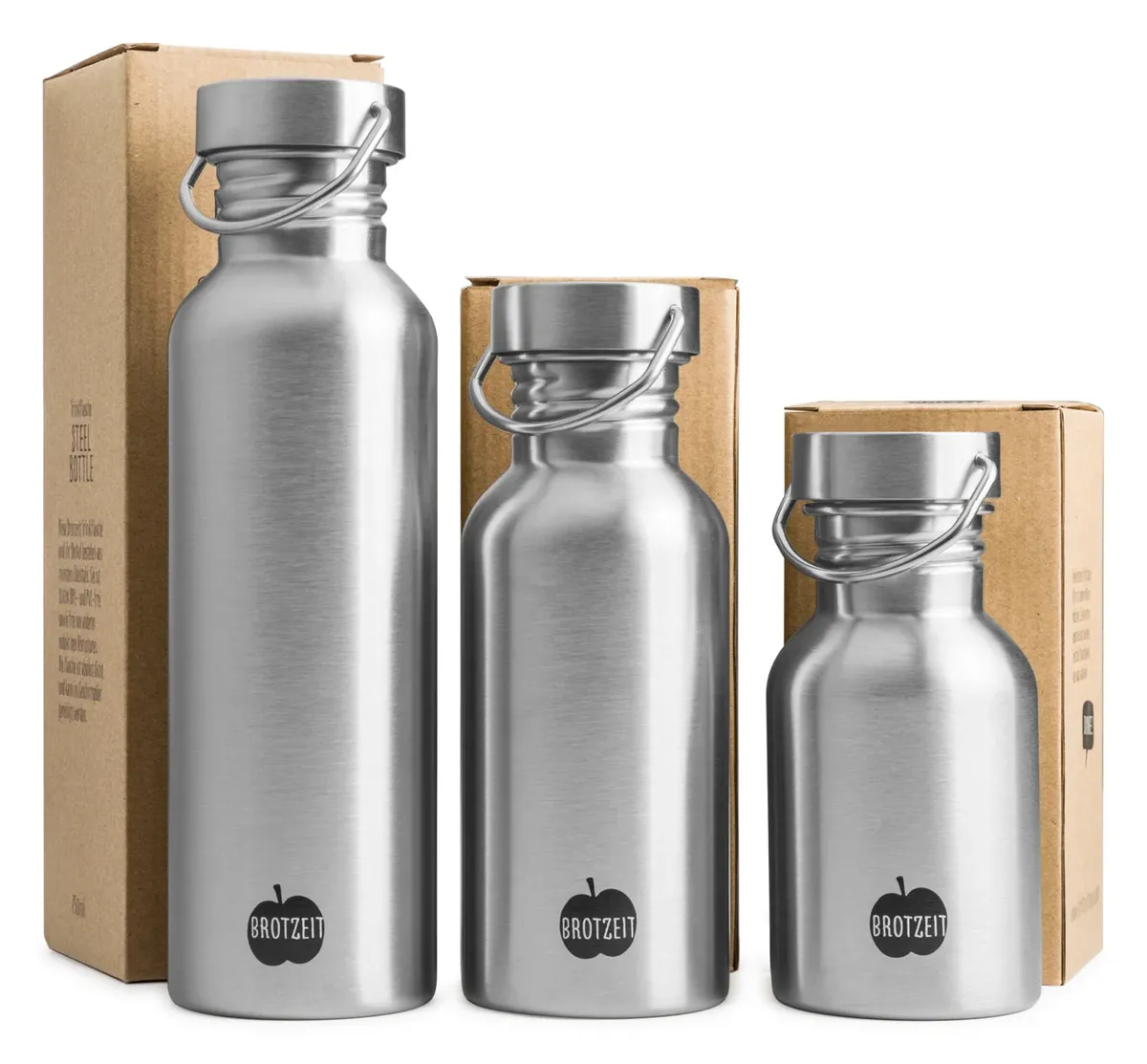 Brotzeit Trinkflasche aus Edelstahl plastikfrei BPAfrei in 3 Grössen